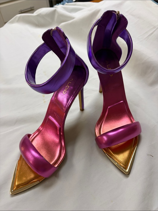 Aldo Shoes - Aldo Metallic Purple and Pink Ankle-Strap Stilettos with Gold Pointed Toe Cap